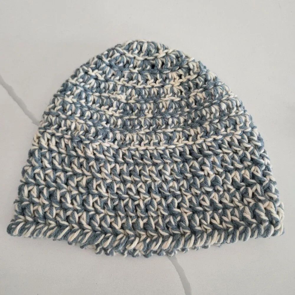 Hand Knitted Crochet Beanie in Blue and Cream Hat Women's New
